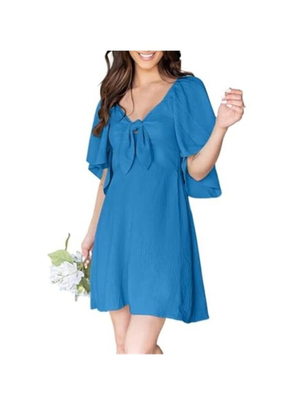 Women's Dress Summer Deep V Neck Elegant Bow tie Mini Dress - Picture 2 of 5